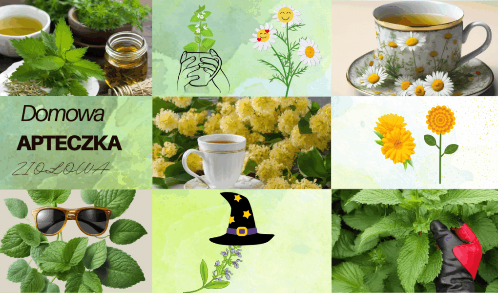 Zioła w domowej apteczce :mięta, rumianek, pokrzywa, melisa, lipa, nagietek, szałwia